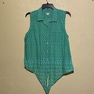 J. Jill Top Blouse XL Blue Green Front Buttons Front Bottom Hem Tie Sleeveless
